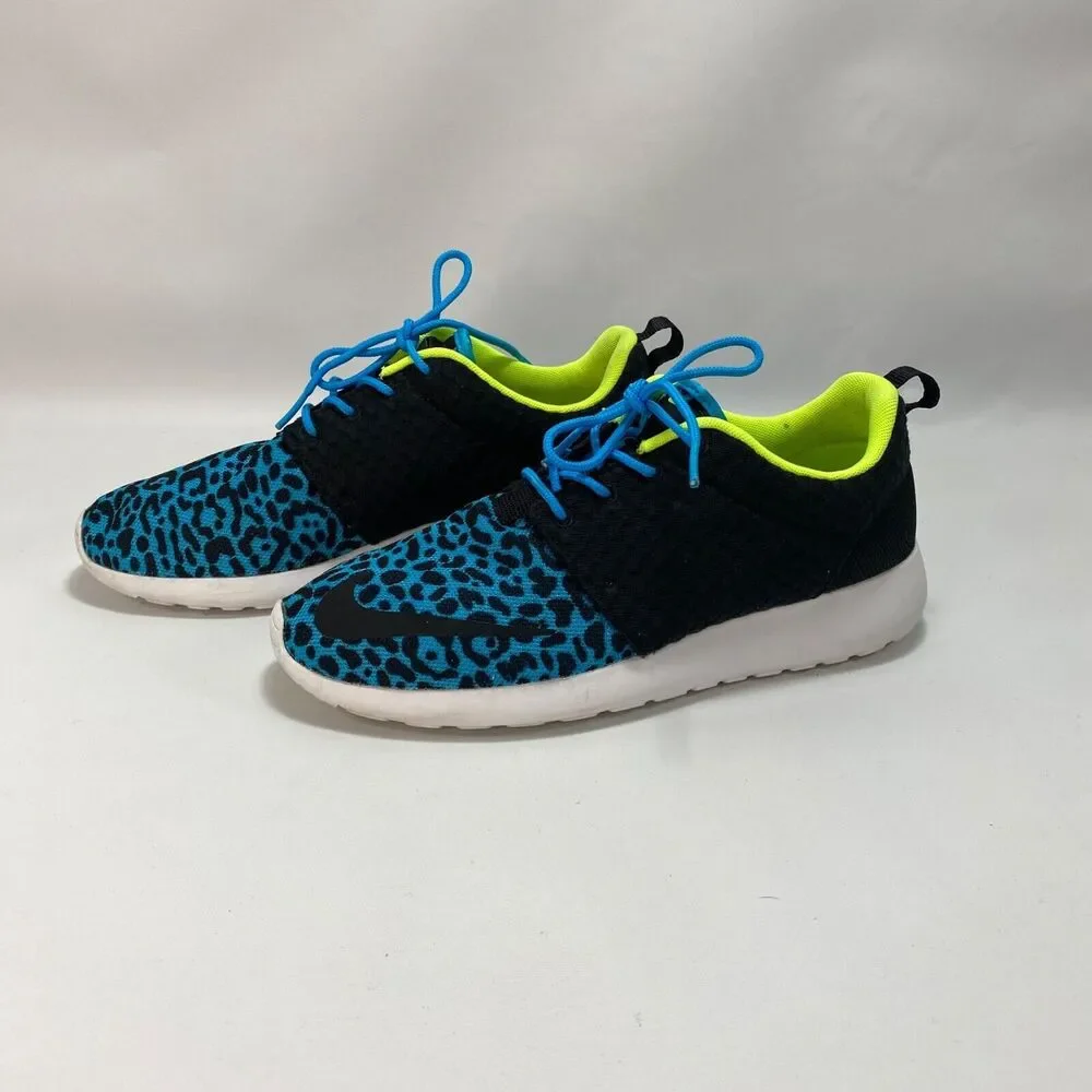 Nike Roshe Run Sneakers Womens 8 Black Current Blue Leopard Running Workout Gym